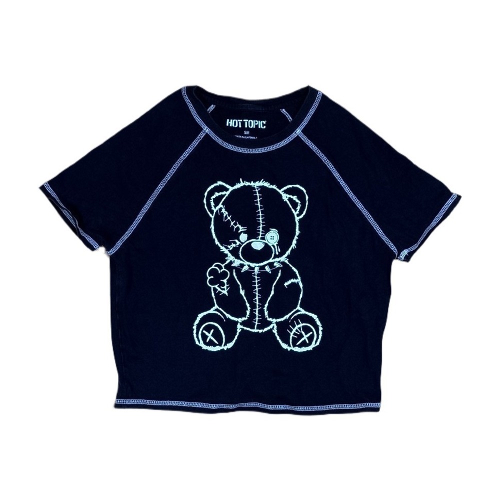 Hot Topic Teddy Bear Crop Top Womens SM Black Excellent Contrast Stitch Raglan